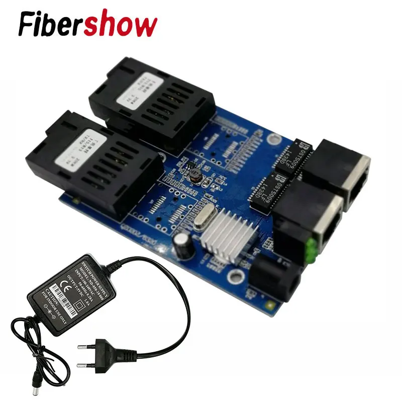 with power supply Гигабитный коммутатор эфирной сети 2 RJ45 UTP 2 SC волокно гигабитные волоконно-оптический медиа конвертер 2SC 2RJ45 коммутатора Ethernet 10/100/1000M печатной платы - Цвет: with power supply
