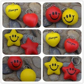 

20 Pcs Soft PU Foam Smiling face keychain Balls Keyring Emoticon keyfob Five-pointed Star Keychain Heart shape squishy toy