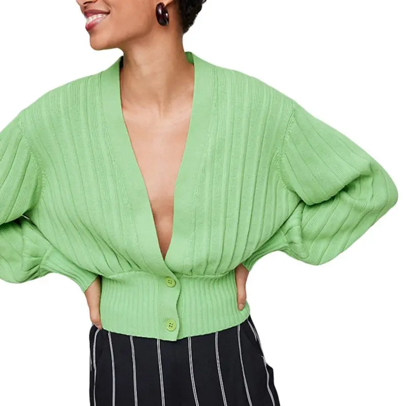 

Fashion Autumn And Winter Female Deep V-neck Lantern Sleeve Knit Cardigan Short Solid Color Casual Knit Sweater