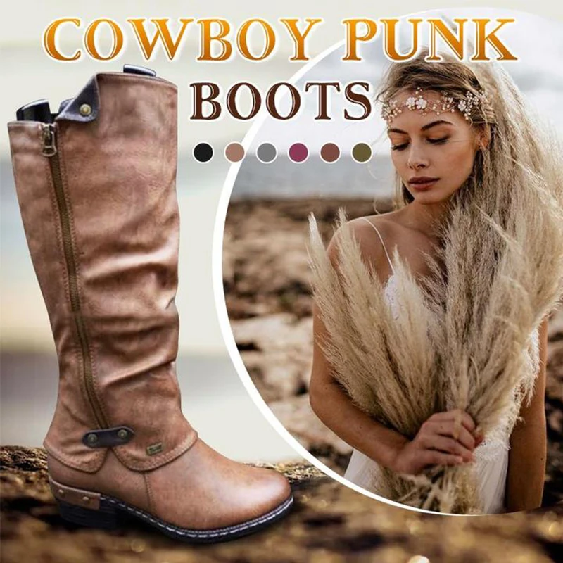 

Women Cowboy Knee Boots Punk Boots Arch Support Winter Warm shoes Low Thick Heel Side Zippper Booties Drop Shipping