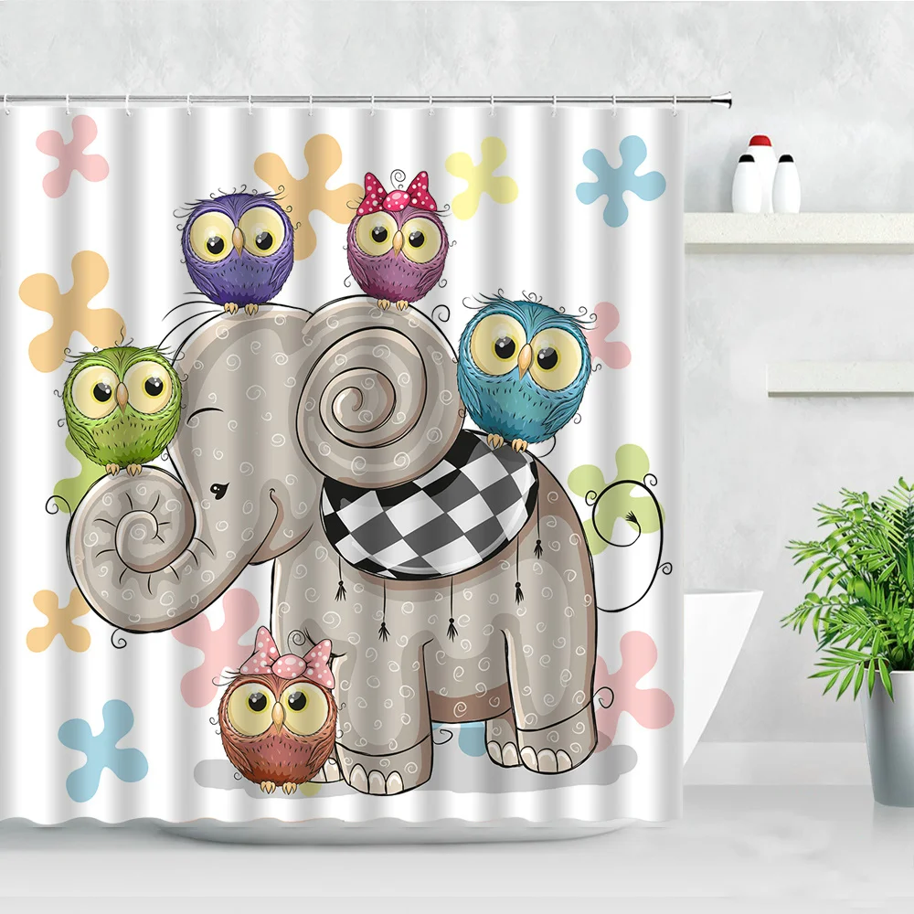 Funny Cartoon Animals Shower Curtains Cute Elephant Owl Pattern