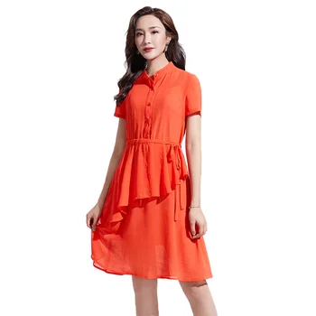 

2019 summer new European and American printed short-sleeved temperament lapel stitching denim straps slim fit dress