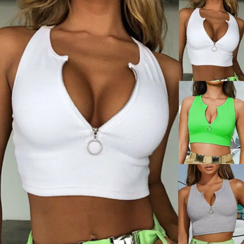 Женский укороченный топ на молнии однотонный белый Повседневный облегающий