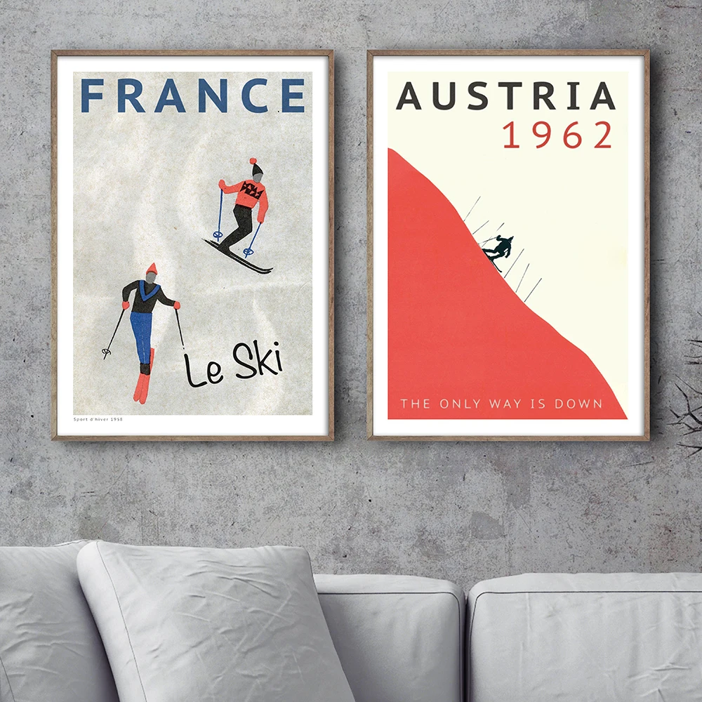 Le Ski FRANCE Typography Print Skiing illustration Retro Art Wall Picture Canvas Painting Travel Home Decor | Дом и сад