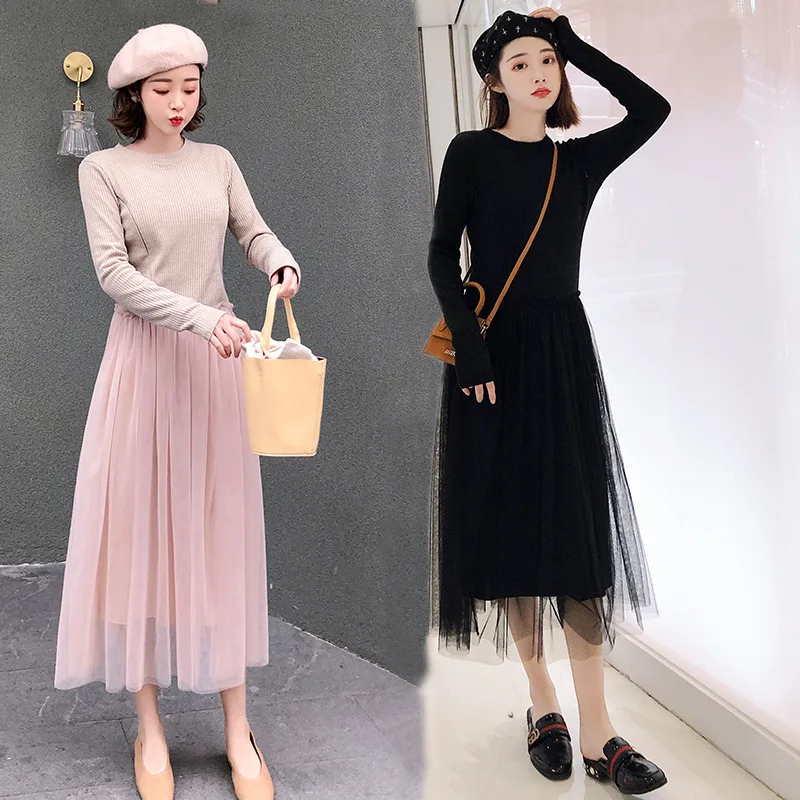 

2019 New Style Nursing Nursing Mesh Dress Maternity Clothes-Feeding Long Sleeve Mid-length Dress