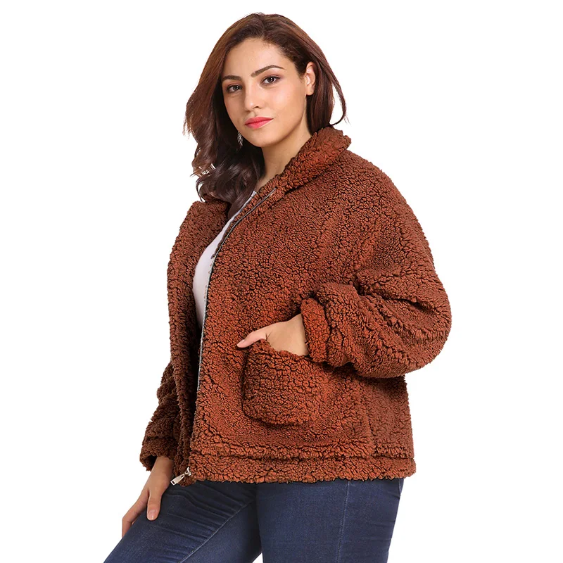 5XL 6XL размера плюс пальто из искусственного меха для женщин зимнее плюшевое пальто куртка из флиса на молнии Свободное теплое плюшевое меховое пальто женская верхняя одежда
