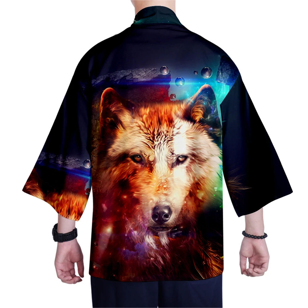 Галактика, волк, рубашка, кимоно, традиционная юката, мужское кимоно, японский косплей, harajuku, галактика, волк, кимоно, рубашка, уличная одежда