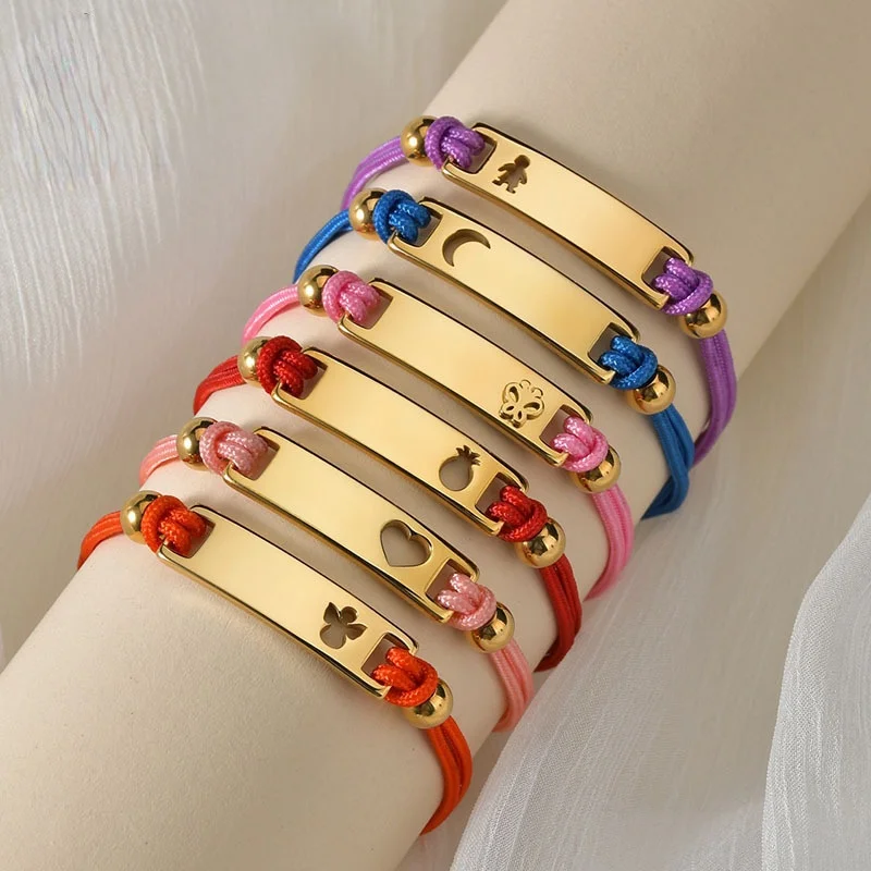 Custom Name Curved Brand Bracelet For Women Colorful Braided Rope Star Moon Four-leaf Clover Lettering Stainless Steel Bracelets xuqian high quality 5pcs stainless steel curved end bead scoop tools for jewelry making l030206