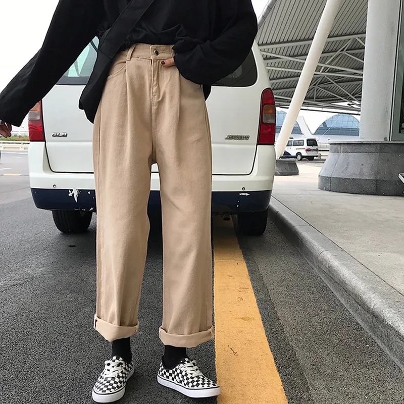 Женские джинсы, уличная одежда Harajuku Ulzzang, корейский стиль, свободные, с высокой талией, женские, тонкие, студенческие, прямые, женские брюки, шикарные, повседневные