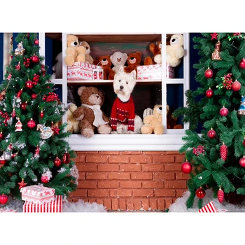 

Christmas Photography Backdrop Xmas Tree Red Brick Wall Background Photocall Snow Toys Photo Shoot Studio Props