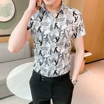 

High Quality Shirt Men Summer Letters Print Short Sleeve Casual Shirts Men Dress Clothes Korean Streetwear Social Chemise Homme