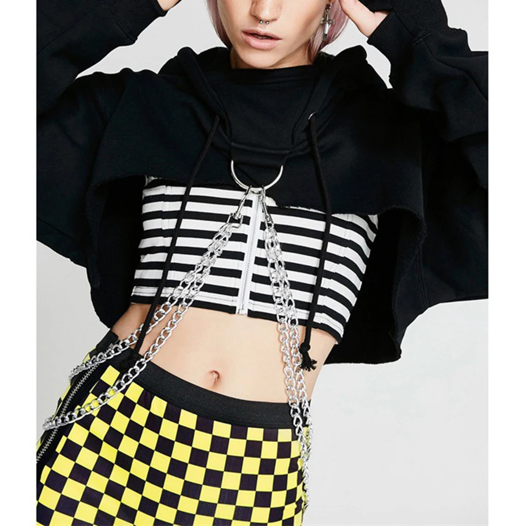 Women Fashion Long Sleeve Pullover Hoodie Crop Top Metal Chain Sweatshirt Women Pullover Hoodie with Alloy Chain