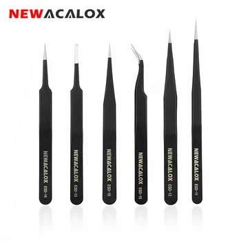 

NEWACALOX 6PC ESD/FTS Precision Industrial Tweezers Set Anti-Static Anti-magnetic for Electronics Phone Soldering Repair Tool