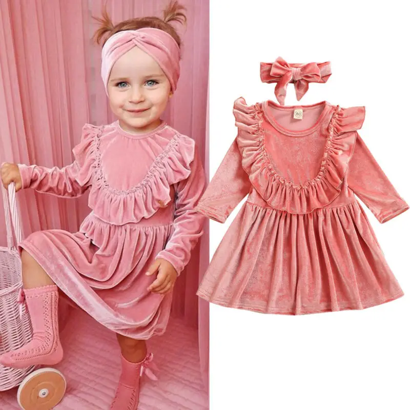Sweet Toddler Kids Baby Girl Velvet Dress Long Sleeve Ruffle Party Tutu Dresses With Headband | Детская одежда и обувь