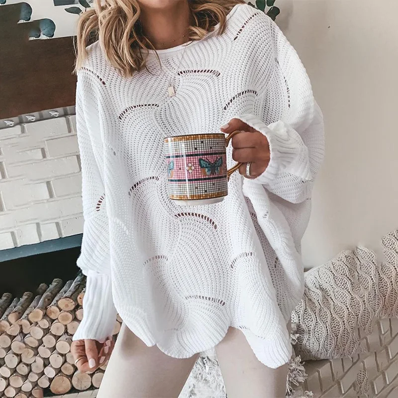 

Women Fashion Casual Long Sleeve Pullovers Casual Knit Sweaters Top Plus Size Female Oversize Loose Fit Hollow out Sweaters