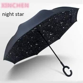

Reverse Umbrella Folding Double Layer Inverted Windproof Flower Pattern C Handle Waterproof Car Umbrellas For Women Rain Gear