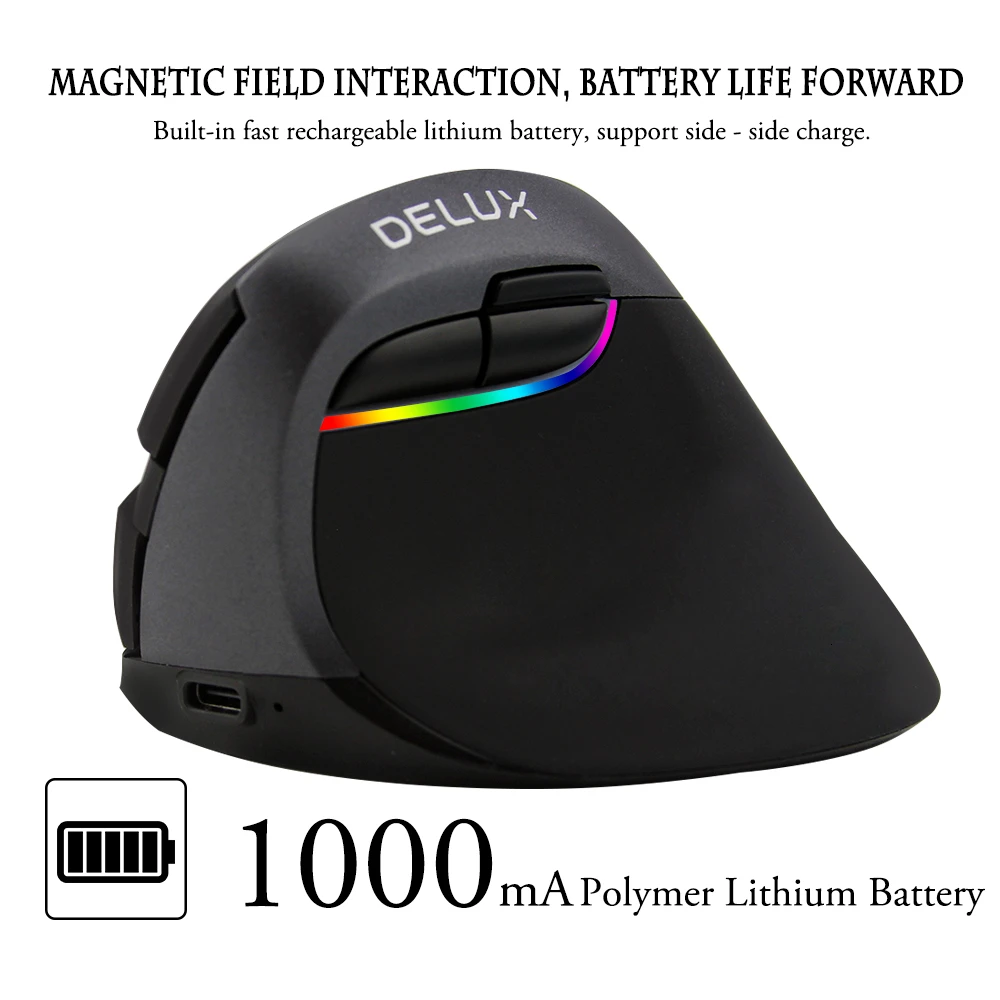 Delux M618 Mini Wireless Bluetooth Silent Vertical Computer Mouse 2400 DPI 6 Buttons Gaming Optical USB 4