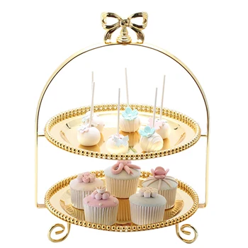 

2-Tier Bowknot Round Platter Fruit Dessert Cake Stand Fruit Plate Dessert Cake Shelf With Tray Kitchen Storage Rack - Golden S