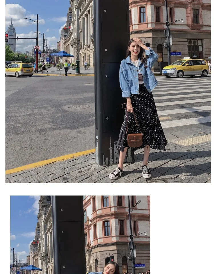 Для фотосессии, Южная Корея, Ulzzang, осенняя одежда, джинсовая синяя куртка, короткое пальто, женская юбка в горошек с оборками, комплект из двух предметов