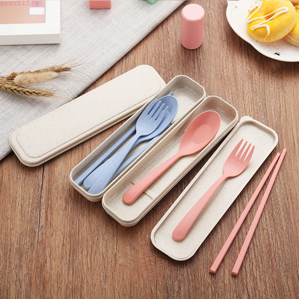 

Portable Fork Spoon Chopsticks Dinnerware Set Outdoor Camping Travel Wheat Straw Cutlery Set tableware Set