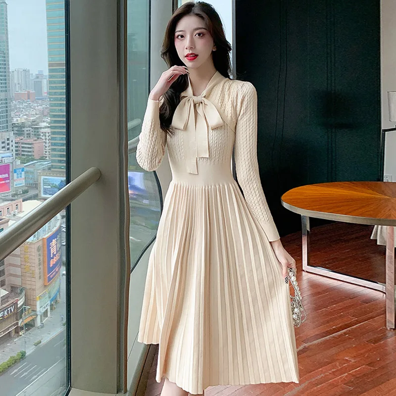 JSXDHK 2021 New Elegant Winter Bow Collar Knitting Sweater Dress