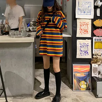 

Rainbow Stripe Print T Shirt Autumn Harajuku Female Shirt Long Sleeve Plus Size Tshirts Women Korean Tops Feminine