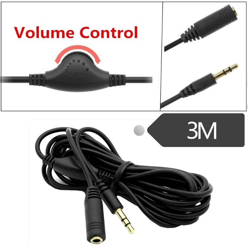 300cm 3.5mm M/f Splitter Stereo Headphone Audio Extension Cord Cable With Volume Switch Volume
