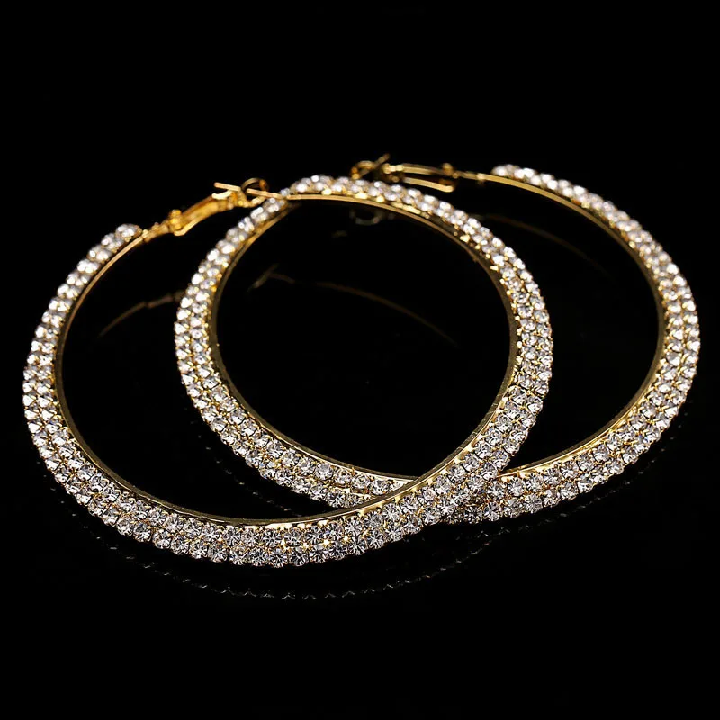 Разноцветные Кристальные серьги для женщин, посеребренные большие круглые серьги, элегантные 2 со стразами в ряд, большие серьги-кольца - Окраска металла: white crystal gold
