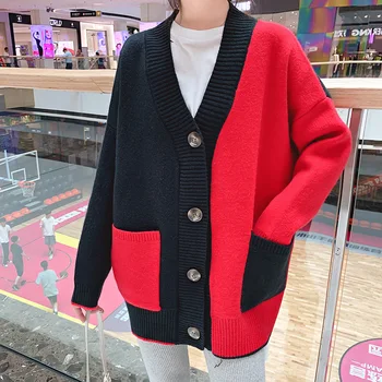 

Casual New Knitted Sweaters Women Plus Size Patchwork Cardigan Fashion Porcket Matching V Neck Winter Jumpers Knitwear Coat 2019