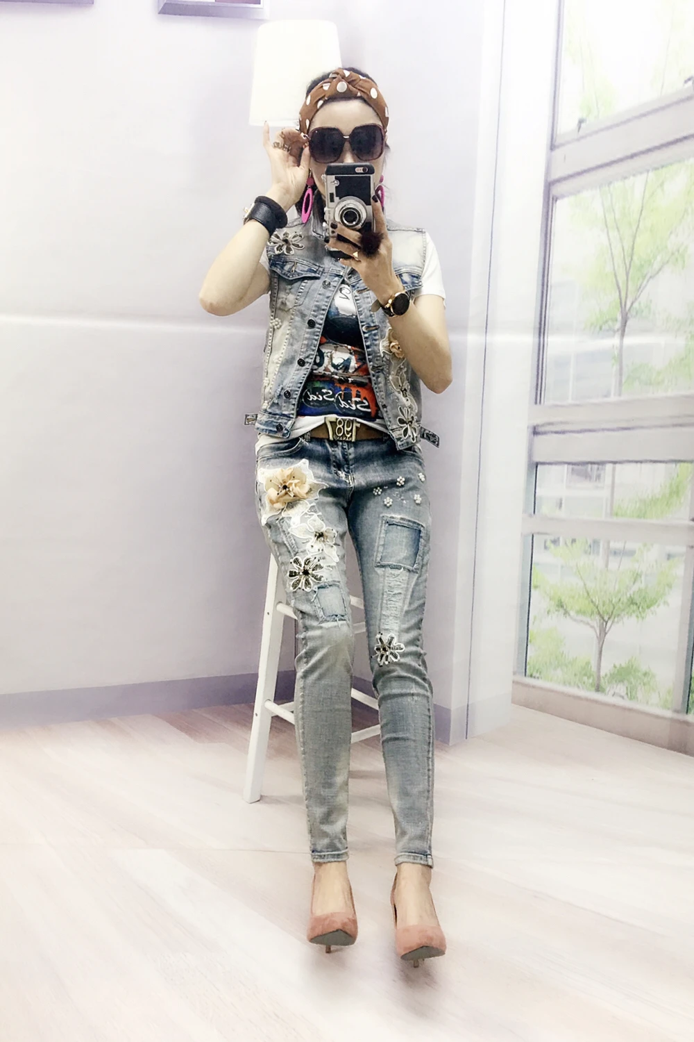 New Flower Cowboy Vest+ Stretch Pants 2 Pieces Jean And Jacket Casual Womens 2Pieces Sets Vintage Tracksuits