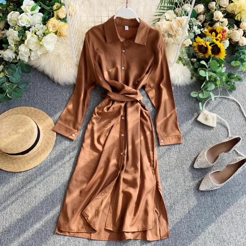 

Women's Lapel Long Sleeve Casual A-line Dress Lady Single Breasted Solid Color Vintage Fashion Elegant Vestidos J080