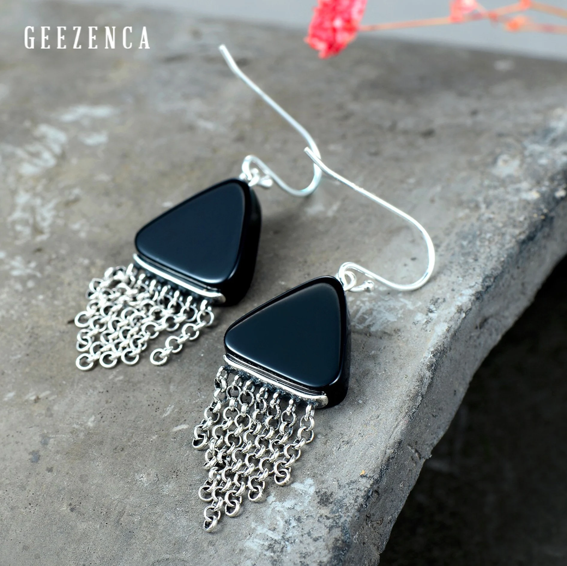Geezenca, черные треугольные Агатовые серьги с кисточками, 925 серебро, висячие серьги для женщин, ювелирные изделия, ручная работа, винтажные трендовые Висячие серьги для женщин