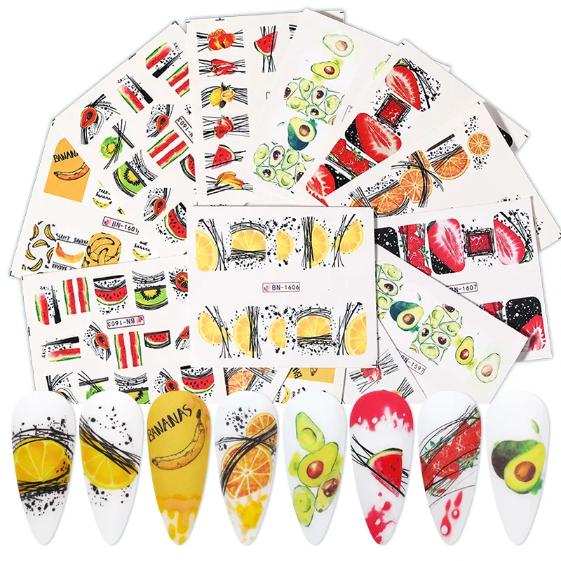Nail Stickers Nail Decals Nail Art Decoration 1PC Avocado/Watermelon/Orange Nail Stickers Summer Fruit Leaves Transfer Decals Sliders For Nails DIY Decoration Manicures