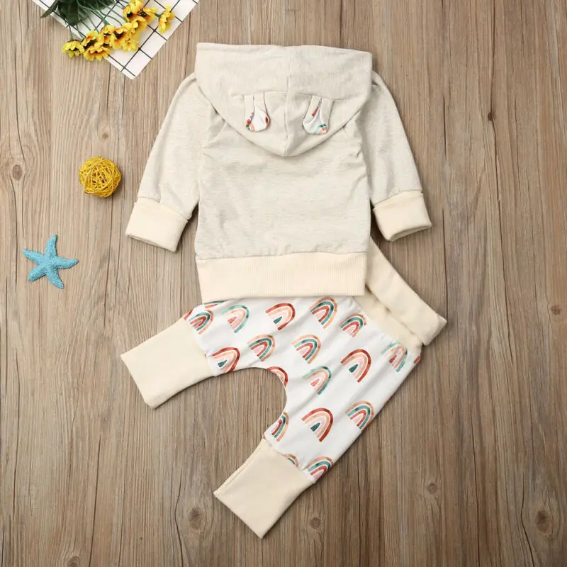 Комплекты осенней одежды для маленьких мальчиков и девочек 0-18 месяцев, топы с капюшоном и принтом радужных длинных штанов, комплект одежды