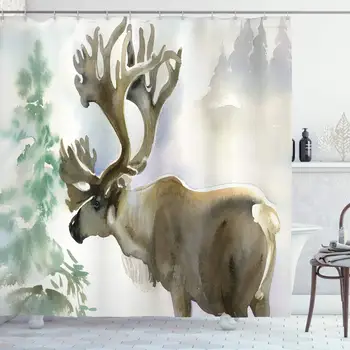 

Antlers Shower Curtain, Moose in Winter Forest Wildlife Reindeer Christmas Theme Watercolor Painting Style, Cloth Fabric