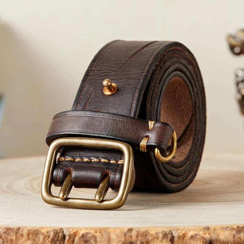 Luxury Thick Cowhid Genuine Leather Men Belt Double Buckle Belt for Jeans