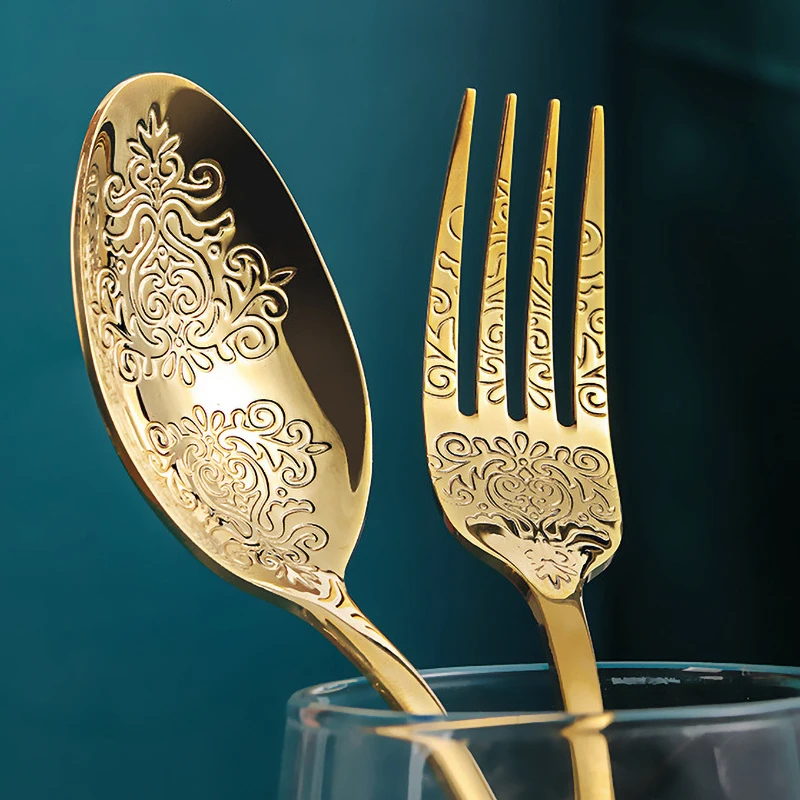 Golden European Cutlery Sets,Retro Western Dinnerware set luxury Gold spoon and Fork Set,Cutlery Tableware Dishwasher Safe