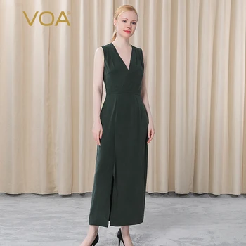 شراءVOA الحرير الوزن الثقيل 30 مللي متر الأخضر الداكن مثير العميق الخامس الرقبة Vestidos أكمام الجانب سستة ضئيلة شق فستان المرأة فساتين AE385