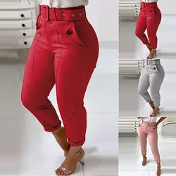 Pantalon slim élastique à boutons pour femmes, couleur unie, taille haute, avec ceinture 