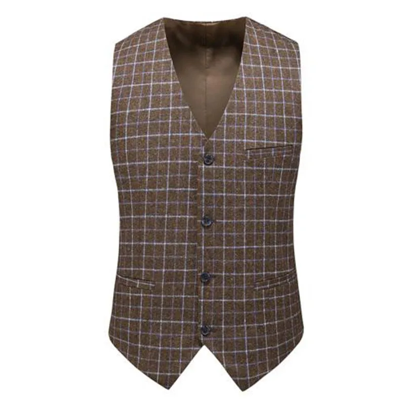 Men's Wool Check Suit Vest Men's Retro Tweed Groom Vest Groomsman Wedding Vest 2