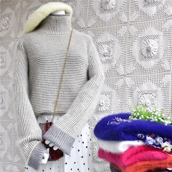 

Autumn winter Top mujer female fashion turtleneck loose foam sleeves rib Angora rabbit hair knitting pullover sweater clothing