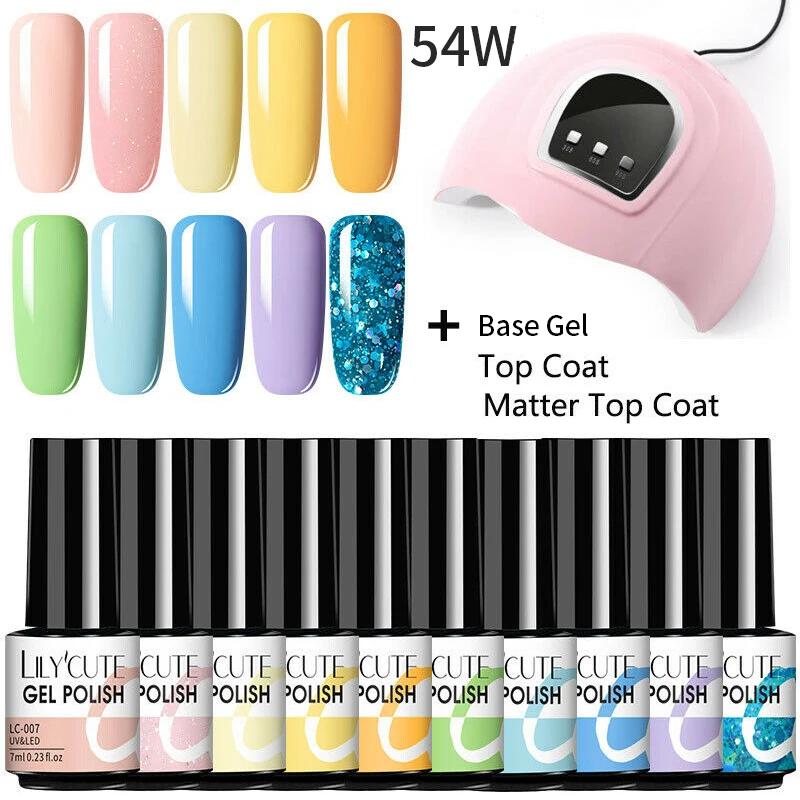 LILYCUTE 10/20 Pcs Gel Nail Polish Set Color With 54W Lamp Glitter Hybrid Varnish Base Top Coat Soak Off UV Art | Красота и здоровье
