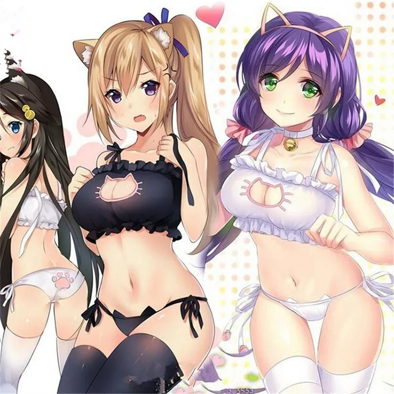 Вышивка мультяшного кота Косплей Набор Kawaii кошка полые бюстгальтер с замочной скважиной с трусиками милые открытые лапы аниме косплей наборы