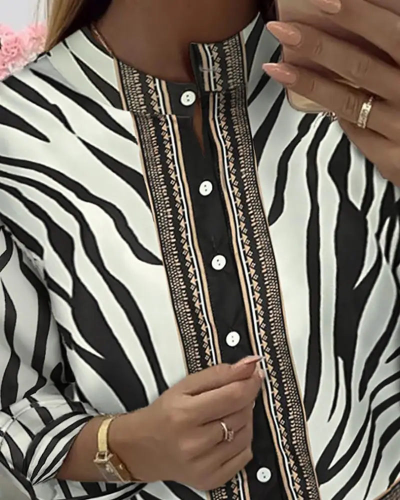  Women Long Sleve Zebra Print Single Breasted Blouse Shirt Zebra Shirt Elegant Office Ladies Workwea