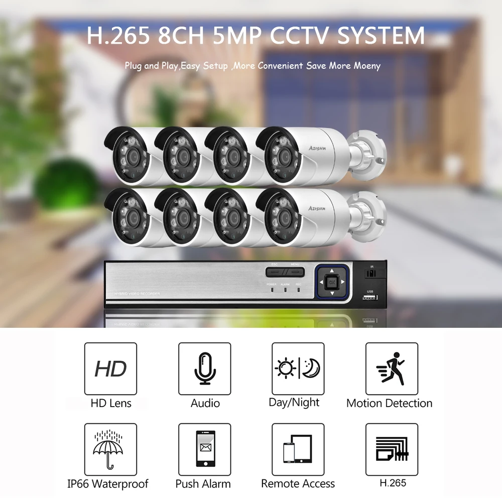 AZISHN 8CH POE NVR комплект системы видеонаблюдения распознавание лица H.265 5MP аудио запись всепогодный IP камера безопасности набор для наблюдения