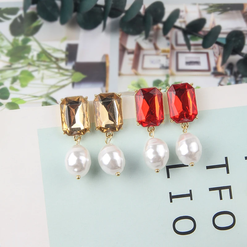 

2019 New Korean Version of Simple Geometric Square Crystal Dangle Earrings Pearl Elegant for Women Pendientes Jewelry