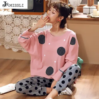 

JRMISSLI Women Pyjama Set Long Sleeved Dot Print Autumn Home Furnishing Serve Suit Pure Cotton Pijamas Full Pant Casual M-2XL