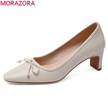 

MORAZORA 2020 big size 33-43 women pumps genuine leather sweet bowknot ladies shoes fashion square toe summer party shoes