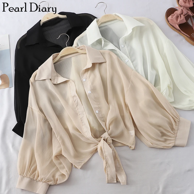 Pearl Diary Women Crinkle Chiffon Shirts Balloon Sleeve Buttoned Up Beach Cover Up Sheer Top Front Tie Waist Elegant Beach Tops 【retro floret】original handmade a5a6 notebook covers protector book sleeve crafted fabric products diary cover，in stock