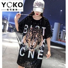 YOKO мультфильм женская футболка с пайетками свободные длинная футболка в стиле "хип-хоп" цифры с короткими рукавами комбинированное платье Топы с пайетками в уличном стиле